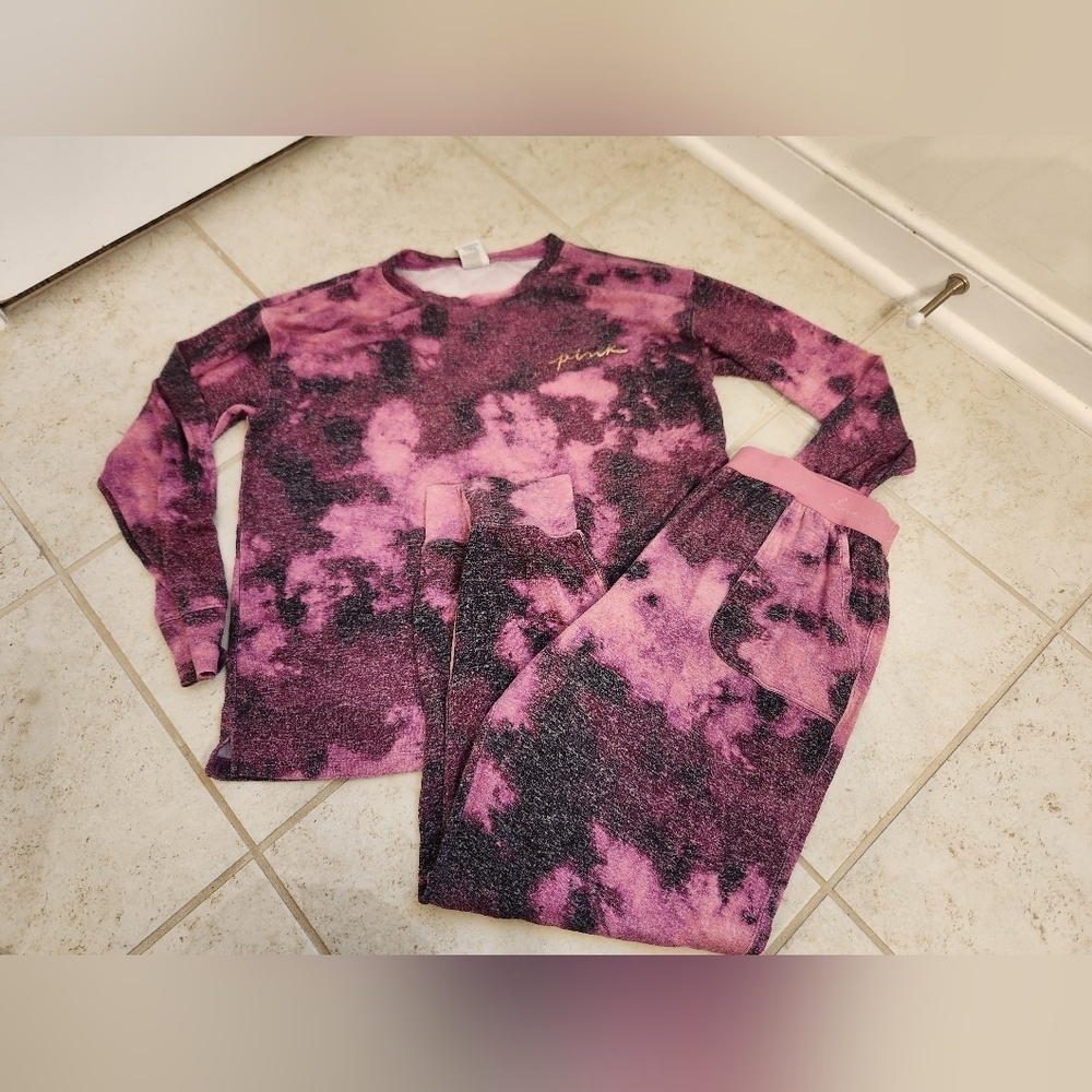 PINK Lounge Set Tie Dye Long Sleeve Pants Size S Pajamas #GG726 READ